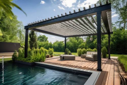 Trendy outdoor patio pergola shade structure, awning and patio roof, pool, garden lounge, chairs, metal grill surrounded by landscaping, generative AI © Kien