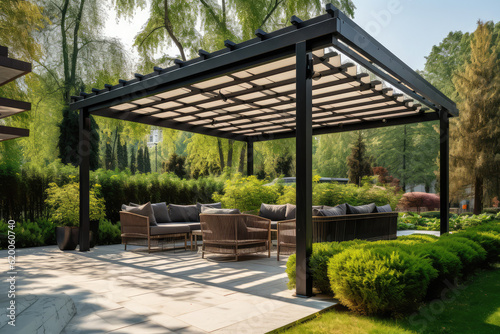 Trendy outdoor patio pergola shade structure, awning and patio roof, pool, garden lounge, chairs, metal grill surrounded by landscaping, generative AI