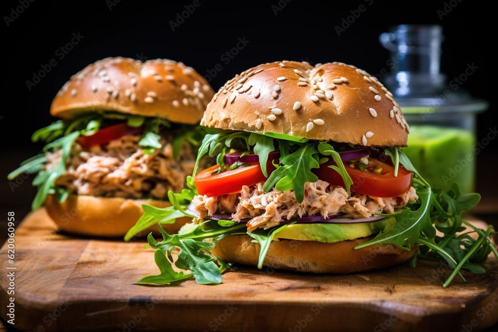 Two appetizing, meat burgers with avocado and tomatoes on a cutting board. Generative AI Two appetizing, meat burgers with avocado and tomatoes on a cutting board. Generative AI