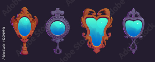 Cartoon set of decorative mirrors isolated on background. Vector illustration of vintage glass accessory in wooden, stone, iron retro frames with elegant decoration. Magic fortunetelling game asset