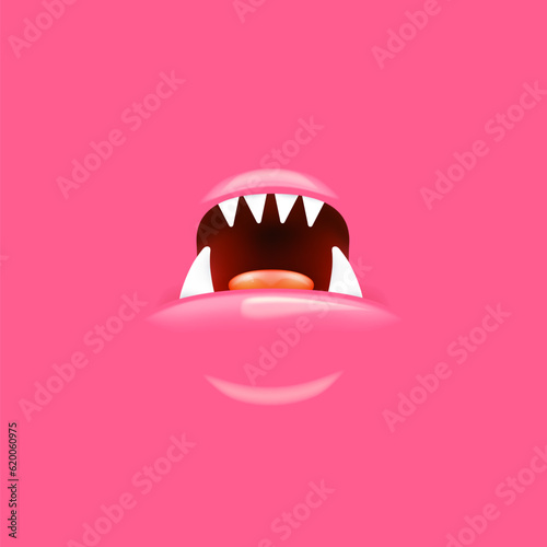 Vector Cartoon open mouth with fangs isolated on pink background. Funny and cute pink funny Halloween Monster open mouth with big vampire fangs. jaws and mouth of the beast cartoon illustration