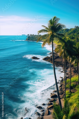 An Illustration of a Lush Tropical Coastline - Background Depicting Vibrant Flora and Crystal Clear Waters - Inviting the Viewer to Escape to Paradise - Wallpaper created with Generative AI Technology