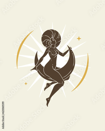 Sacred spiritual mystic goddess woman sitting on half moon esoteric vintage poster vector flat