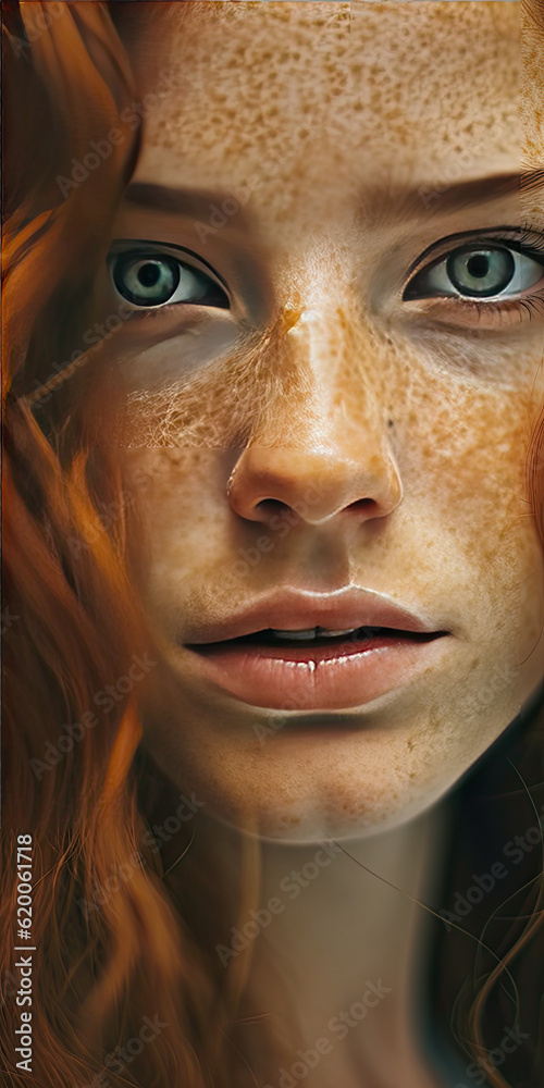 Portrait of a pretty freckled redheaded woman. Generative AI Portrait of a pretty freckled redheaded woman. Generative AI