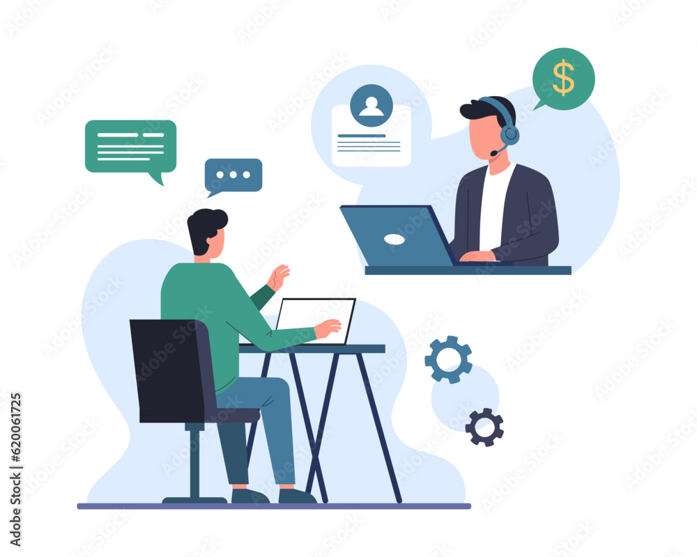 HR managers interviewing job seeker, talking with professional man online via laptop. Process of talking with candidates. Human resource management representatives. Vector flat illustration