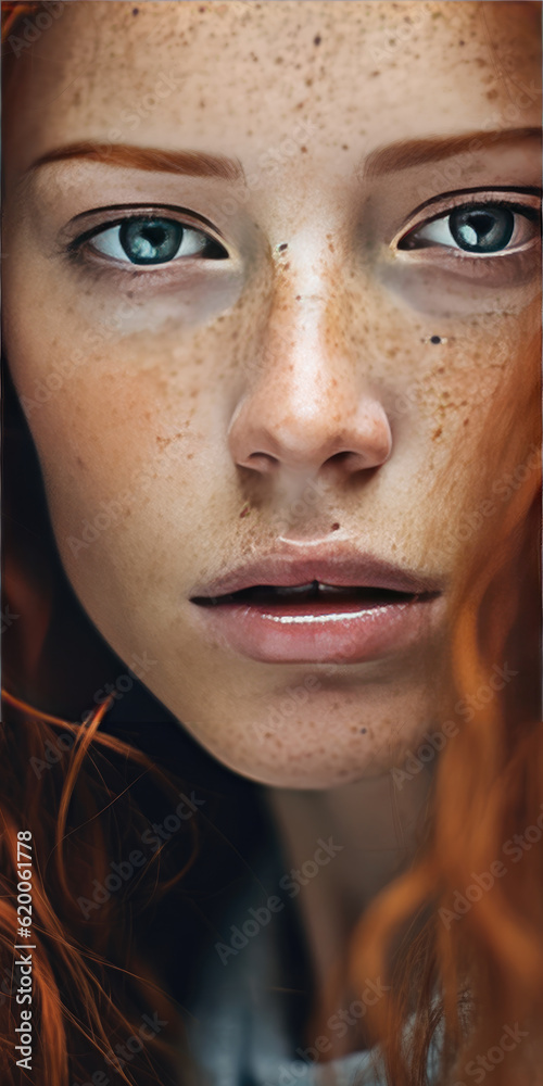 Portrait of a pretty freckled redheaded woman. Generative AI Portrait of a pretty freckled redheaded woman. Generative AI