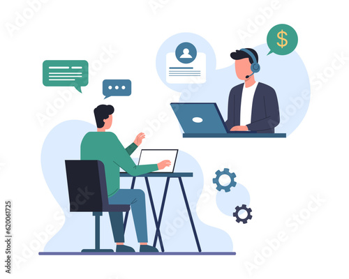 HR managers interviewing job seeker, talking with professional man online via laptop. Process of talking with candidates. Human resource management representatives. Vector flat illustration