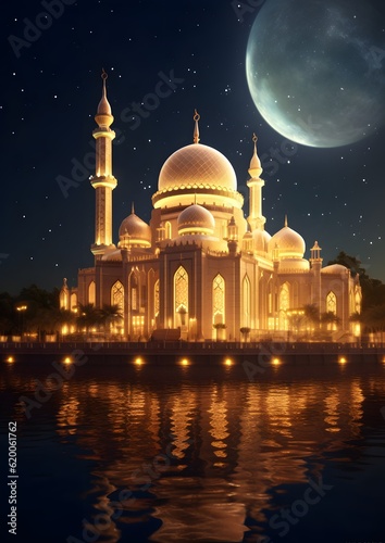 amazing architecture design of muslim mosque at Night ramadan, Generative AI