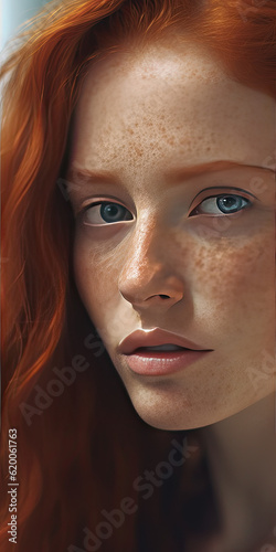 Portrait of a pretty freckled redheaded woman. Generative AI