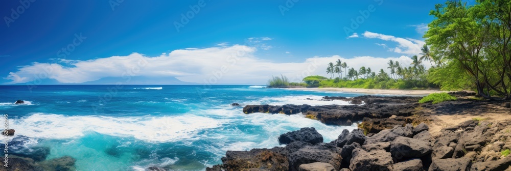 Fototapeta premium An Illustration of a Lush Tropical Coastline - Background Depicting Vibrant Flora and Crystal Clear Waters - Inviting the Viewer to Escape to Paradise - Wallpaper created with Generative AI Technology