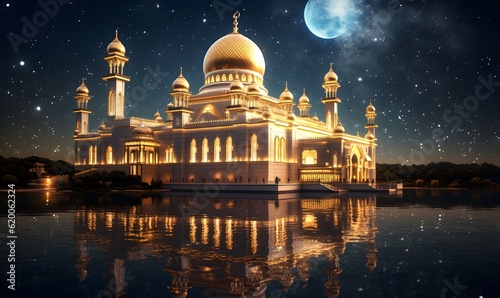 amazing architecture design of muslim mosque at Night ramadan, Generative AI