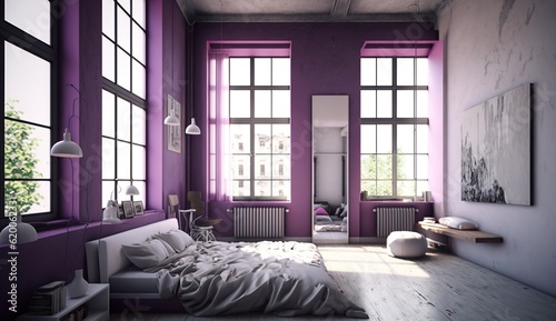a bedroom in a loft apartment with a large window in purple