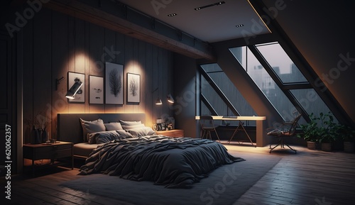 the bedroom of a black attic apartment with a large window