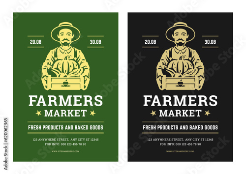 Farmers market fresh product and baked goods advertising poster set vector flat illustration