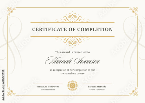 Certificate diploma graduation document vintage golden curved ornament template design vector flat