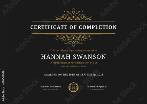 Diploma certificate of completion graduation antique flourishes classic ornate black template vector