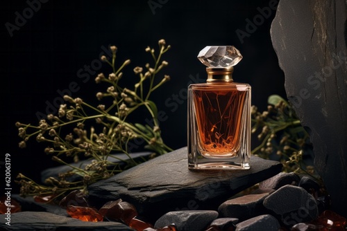 Perfume glass bottle on stone on a dark background. generative ai. 