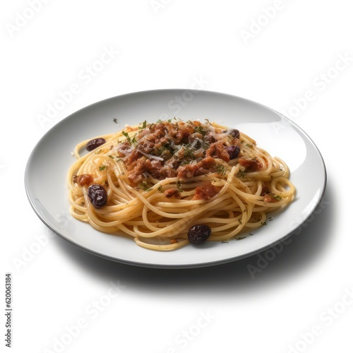 a plate of spaghetti on white background for food photography generative ai