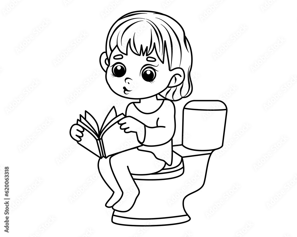 A little girl spends time on the toilet with a book in her hands. Reading on the toilet