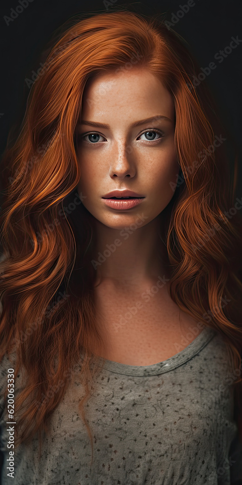 Fototapeta premium Portrait of a pretty freckled redheaded woman. Generative AI