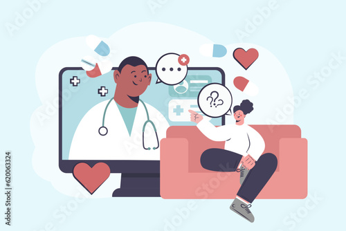 Female patient sitting on couch and asking doctor about treatment. African doctor gives online consultation, prescribes treatments and takes patients medical history. Flat vector illustration