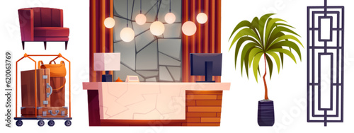 Hotel reception and lobby interior isolated cartoon vector set. Professional office welcome area, luggage on trolley and concierge table furniture design. Corridor or hallway indoor in hostel building