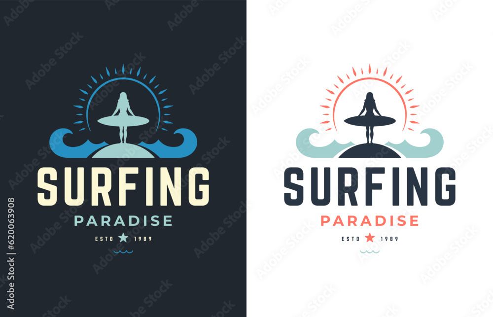 Φωτογραφία Surfing paradise woman surfer bright sun ocean wave vintage t shirt print poster