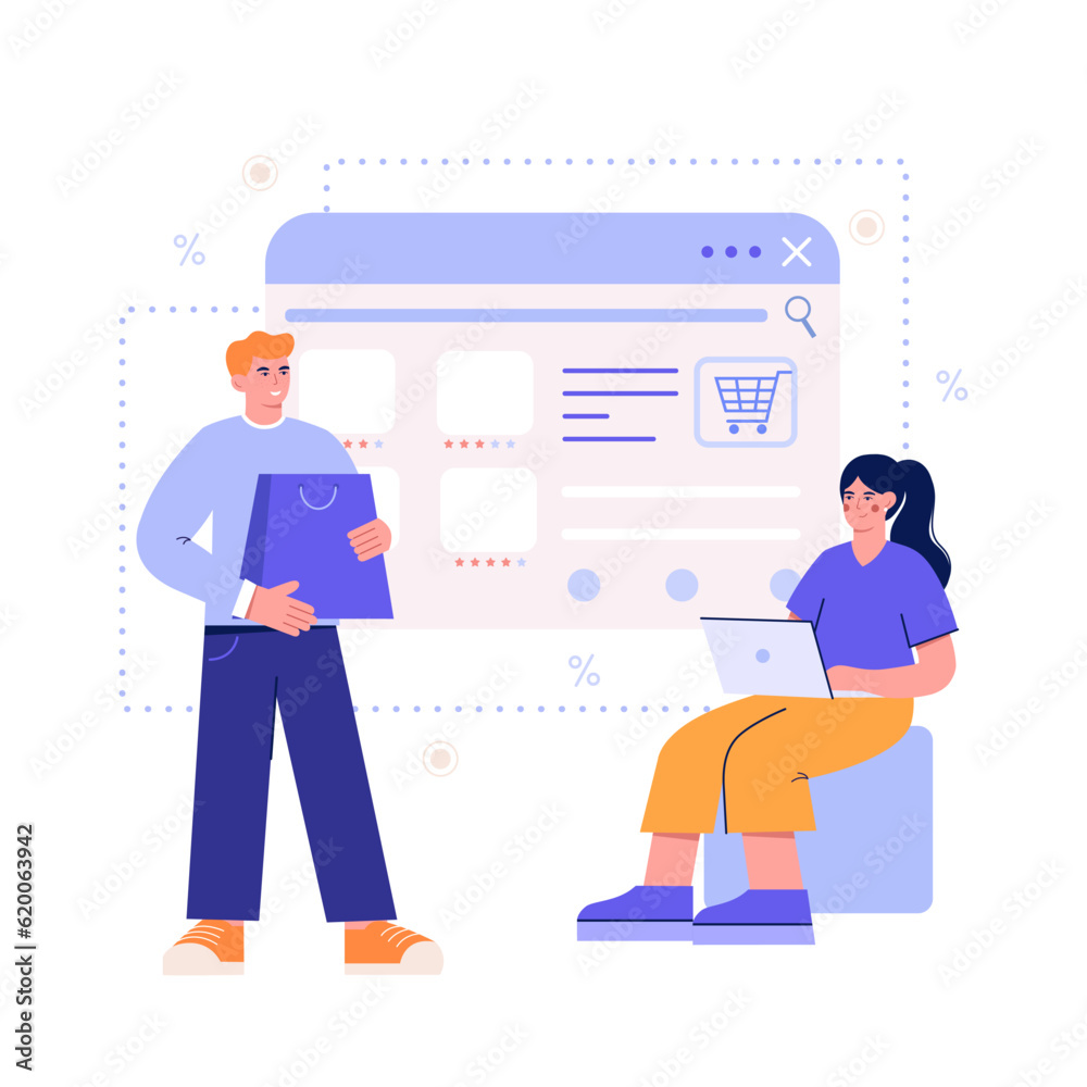 Man holding shopping bag, lady selects goods in online store. Paying with credit card. Doing online shopping from home using smartphones. Process of choosing goods online. Vector flat illustration