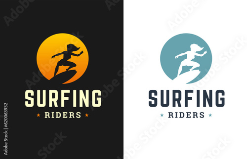 Surfing riders extreme sport woman on surfboard t shirt print vintage poster design set vector flat