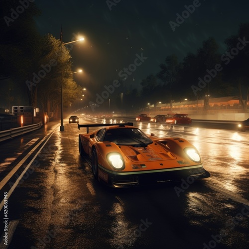 A Compelling Background Displaying High-Speed Racing Cars in a Night Time Game - Wallpaper crafted with Realism and Intricate Detailing created with Generative AI Technology