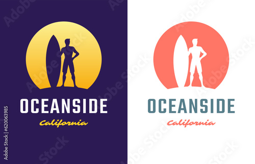 Oceanside California man surfer surfboard silhouette vintage t shirt print poster design set vector