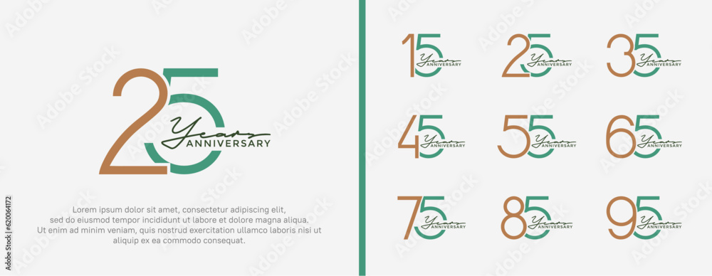 set of anniversary logo brown and green color on white background for celebration moment