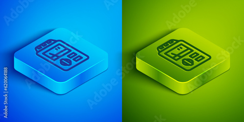 Isometric line Dosimeter for measuring radiation icon isolated on blue and green background. Gamma radiation personal dosimeter. Square button. Vector