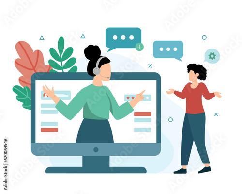 Female from call center talking with client, helping to solve problem. Customer support department staff. Hotline operator advisers. Customer service communication. Vector illustration in blue colors