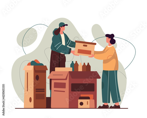 Young man and woman working in volunteering organization. Time for collecting clothing and food for needy people. Charity and donations. Vector flat illustration in brown colors