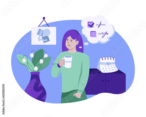 Lady drinking tea, thinking about checklist. Time management. Cartoon character planning project tasks. Schedule organization concept. Vector flat illustration in blue colors