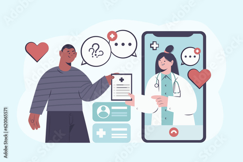 Patient talking with professional doctor about treatment. African patient communicating with nurse online via smartphone. Flat vector illustration in blue and red colors