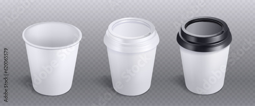 Realistic set of 3D paper cups isolated on transparent background. Vector illustration of disposable cardboard container for drink to-go with blank surface ready for branding, black and white lids