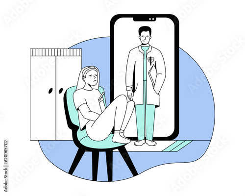 Doctor checking health of young lady on online video call. Woman measures temperature. Online medical consultations sick people with attending physician. Vector flat line illustration in blue colors