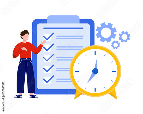 Man standing near checklist and checking work progress. Planning and performing tasks concept. Fixation of project implementation, time control. Vector flat illustration in blue colors