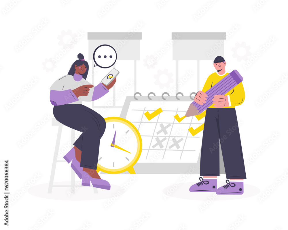 Workers planning week. Online calendar concept. Time management concept. Productive business people actively doing office job, making planning on calendar. Vector illustration in flat design