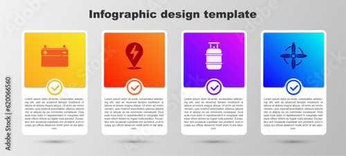 Set Car battery, Lightning bolt, Propane gas tank and Wind turbine. Business infographic template. Vector