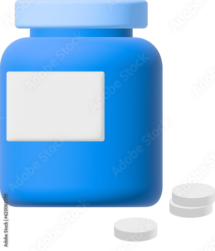 Blue Prescription Bottle With White Pills 3d illustration