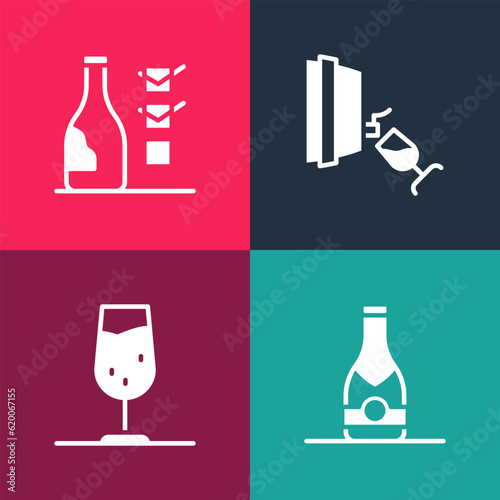 Set pop art Champagne bottle, Wine glass, tasting, degustation and Bottle of wine icon. Vector