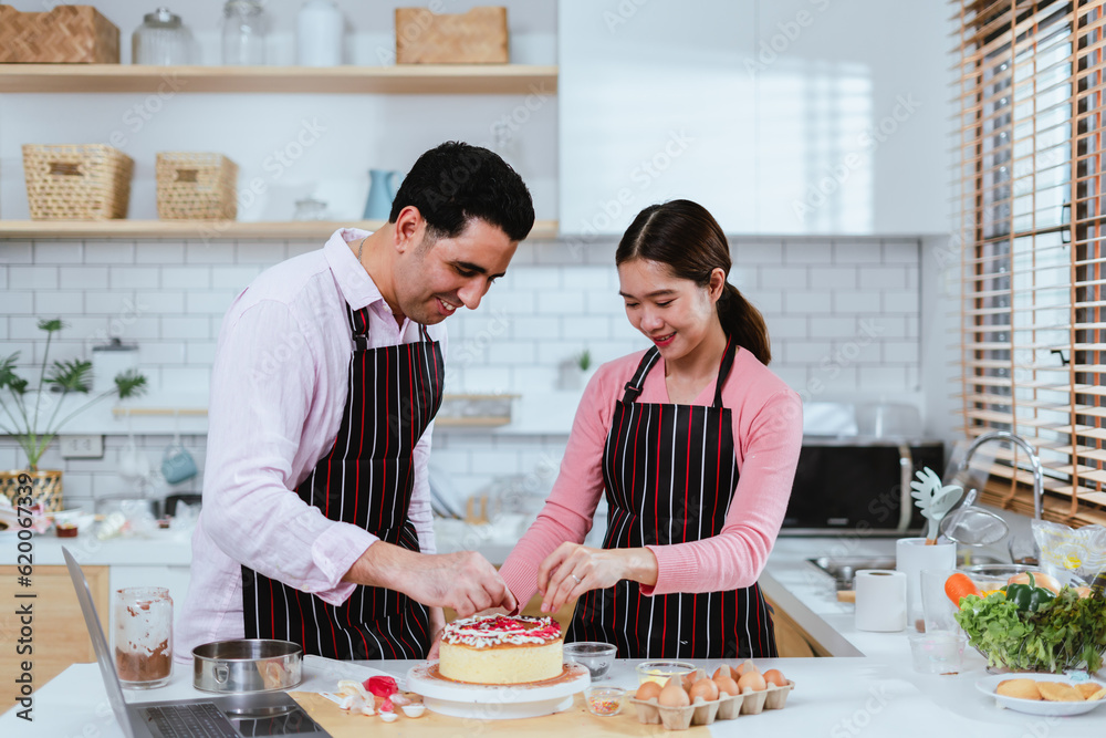 Blissful Love Couple Crafting Sweet Delights, Cake Making and Decoration in the Kitchen