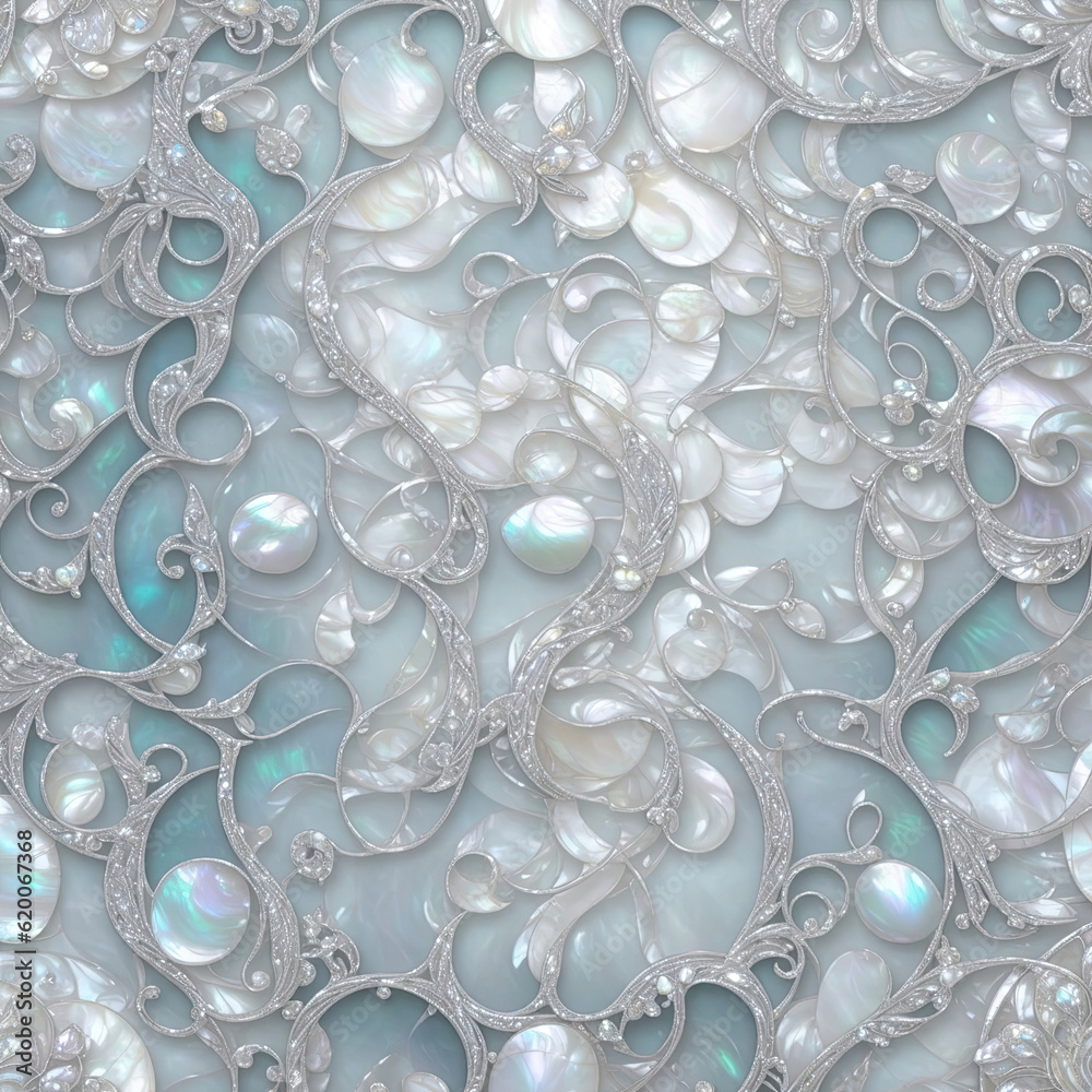 Beautiful mother of pearl inlay illustration background with abstract silver filigree shapes Beautiful mother of pearl inlay illustration background with abstract silver filigree shapes