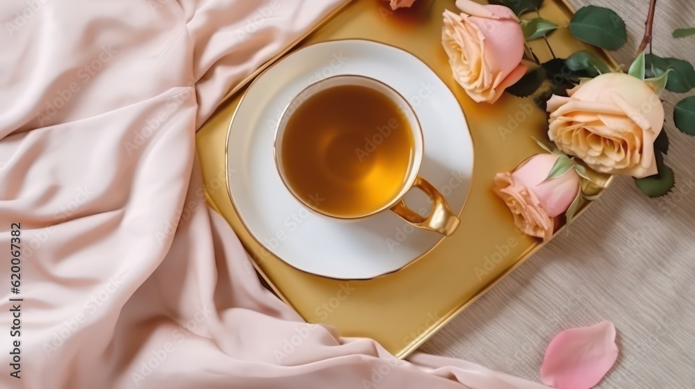 Φωτογραφία Top view of tea time in a cottage aesthetic minimal luxury room golden rose tea