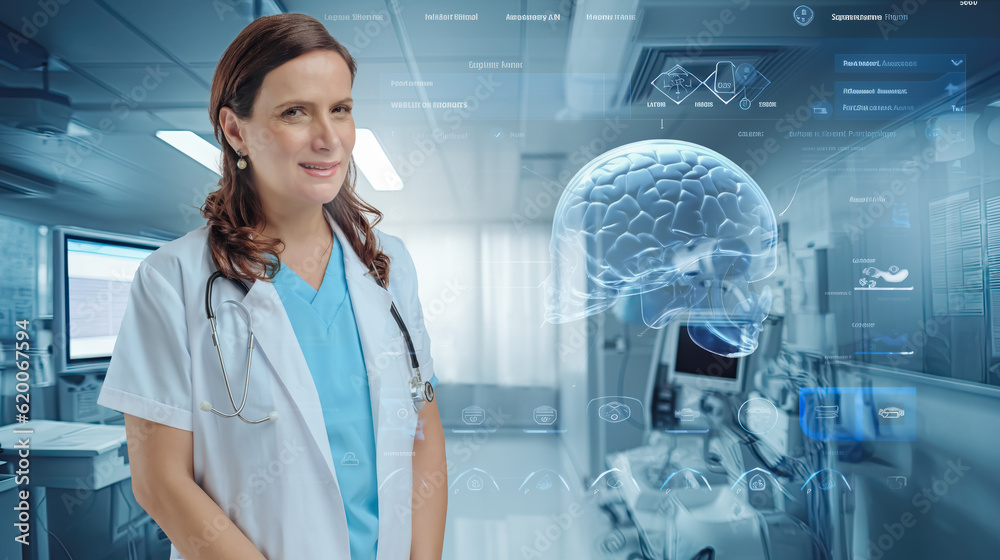 female radiologist in white coat and stethoscope stands in hospital