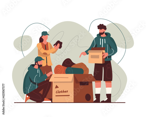 Young people standing near box and choose right clothes. Volunteer helping people in need. Goodness, mercy, hope and love. Charity and donations. Vector flat illustration in brown colors