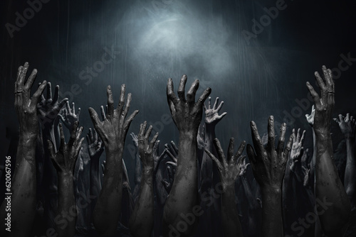 Halloween night background of numerous scary and creepy zombie hands rising from dark shadows, creating a spooky atmosphere ideal for horror themed celebrations and events